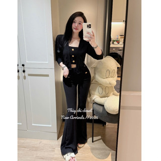  Set bộ len nữ 3 chi tiết áo quây phối cúc tròn kèm cardigan croptop mix quần loe sang chảnh tôn dáng LuciK Shop SB0140 