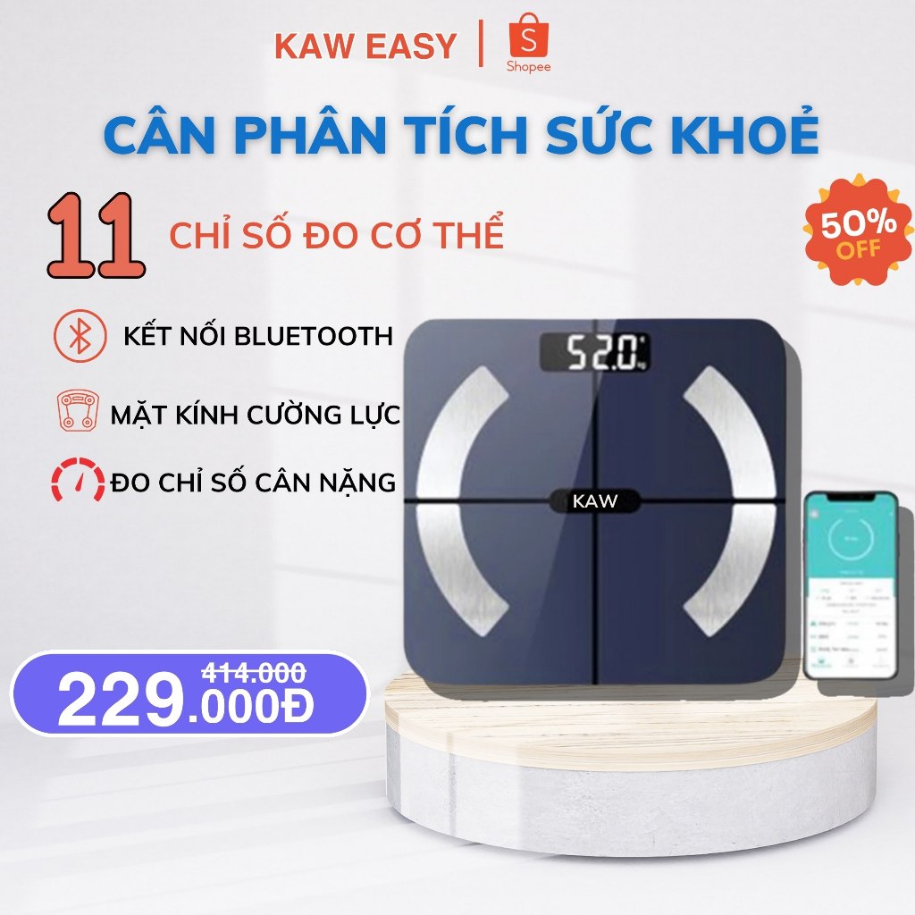 Cân Thông Minh KAW Kết nối Bluetooth Đo BMI, Mỡ Cơ, Tỷ Lệ Nước, Phân Tích Cân Nặng Chính Xác