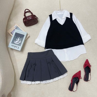Áo Sơ Mi Phối Ghile Bigsize Nữ Somi Tay Dài, Chân Váy Xếp Ly Hai Lớp Cho Chubby SM20+A335+CV419