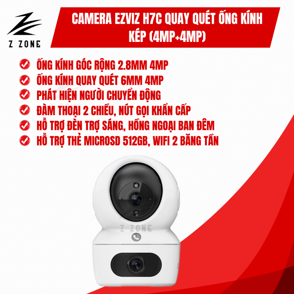 Camera EZVIZ H7C Dual 2K+ 4MP+4MP 2 Mắt Kép, Xoay 360°, Wifi, Đàm Thoại 2 Chiều