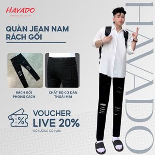  Quần jean nam HAVADOSHOP dáng skinny ống bó màu đen rách vá gối chất bò co giãn thoải mái cao cấp C31 mới 