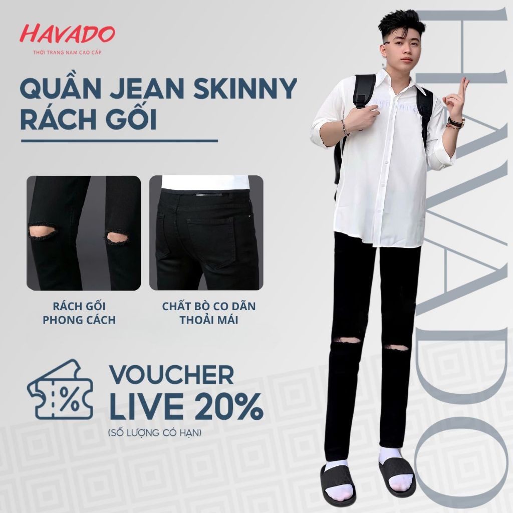 Quần jean nam HAVADOSHOP boy phố form skinny màu đen trơn rách gối chất bò cao cấp co giãn 4 chiều M50 mới