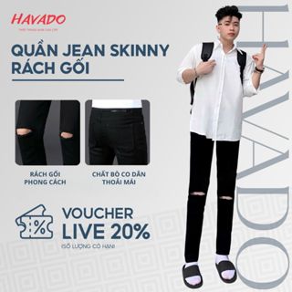 Quần jean nam HAVADOSHOP boy phố form skinny màu đen trơn rách gối chất bò cao cấp co giãn 4 chiều M50 mới