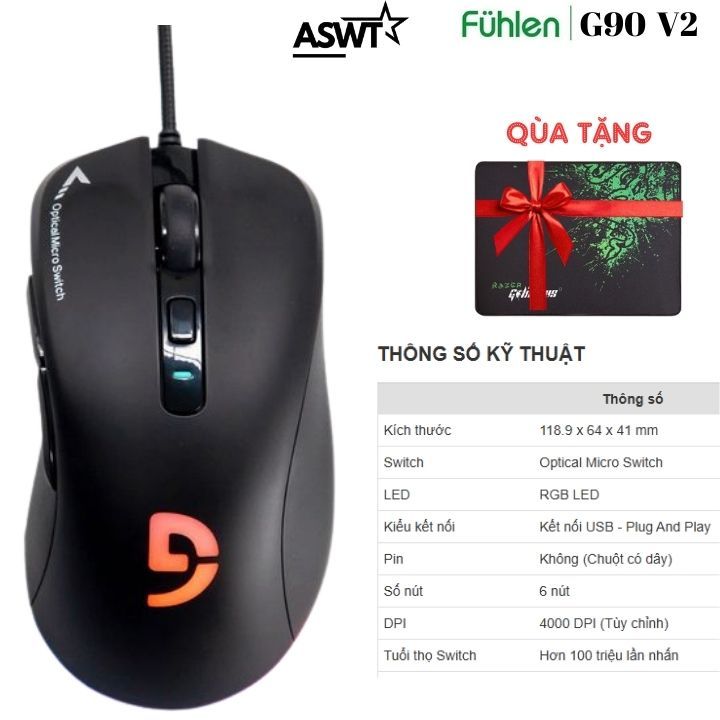 Chuột chơi game có dây Fuhlen G90 / G90 V2 Led RGB 4000DPI - Hàng chính hãng - FULL VAT