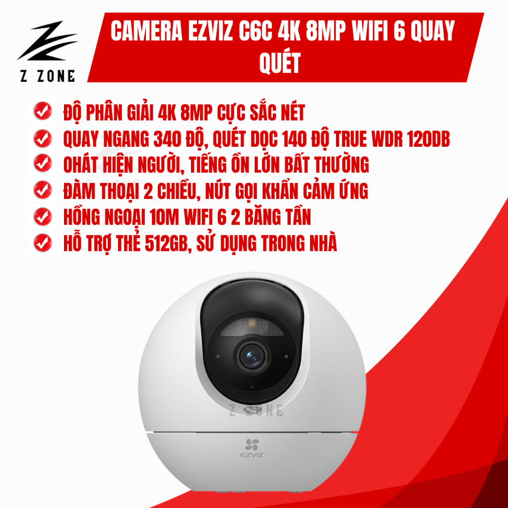 Camera Ezviz C6C 4K 8MP Xoay WiFi – Quay Quét 360°, AI Nhận Diện, Hình Ảnh Siêu Nét