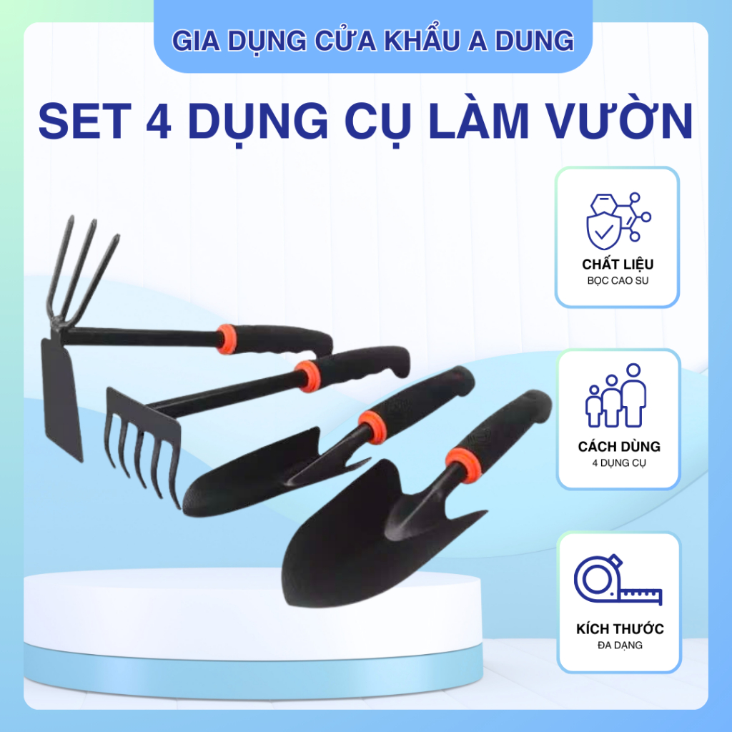 Bộ 4 món dụng cụ làm vườn tay cầm bọc cao su chắc chắn, siêu tiện dụng Dụng cụ Làm Vườn Trồng Cây