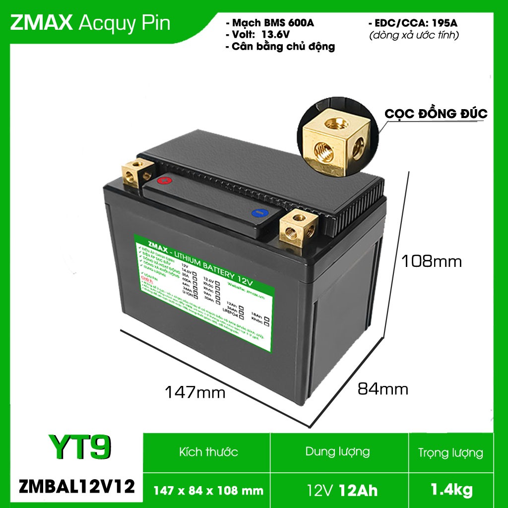 Bình Acquy ZMax Pin LFP/ Lithium LifePO4 12V 12Ah, ZMBAL12V12-YT9 Dùng Cho Xe Máy - Mô Tô