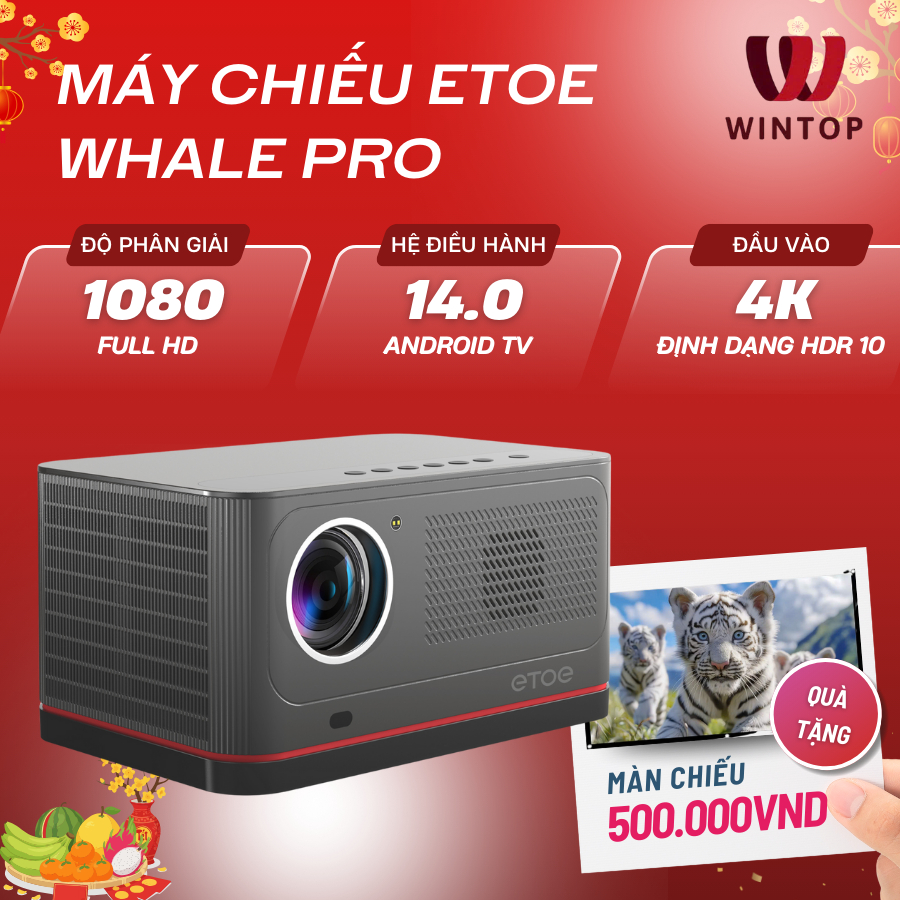 [Bản Chuẩn Quốc Tế] Máy chiếu Etoe WHALE PRO 4K, 1500 ANSI Luments - Android TV 14.0, Tự động lấy né