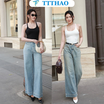 Quần jeans nữ TTTHAO ống rộng dài 103-105cm cao cấp  lưng cao 100% jeans cotton không co giãn J23