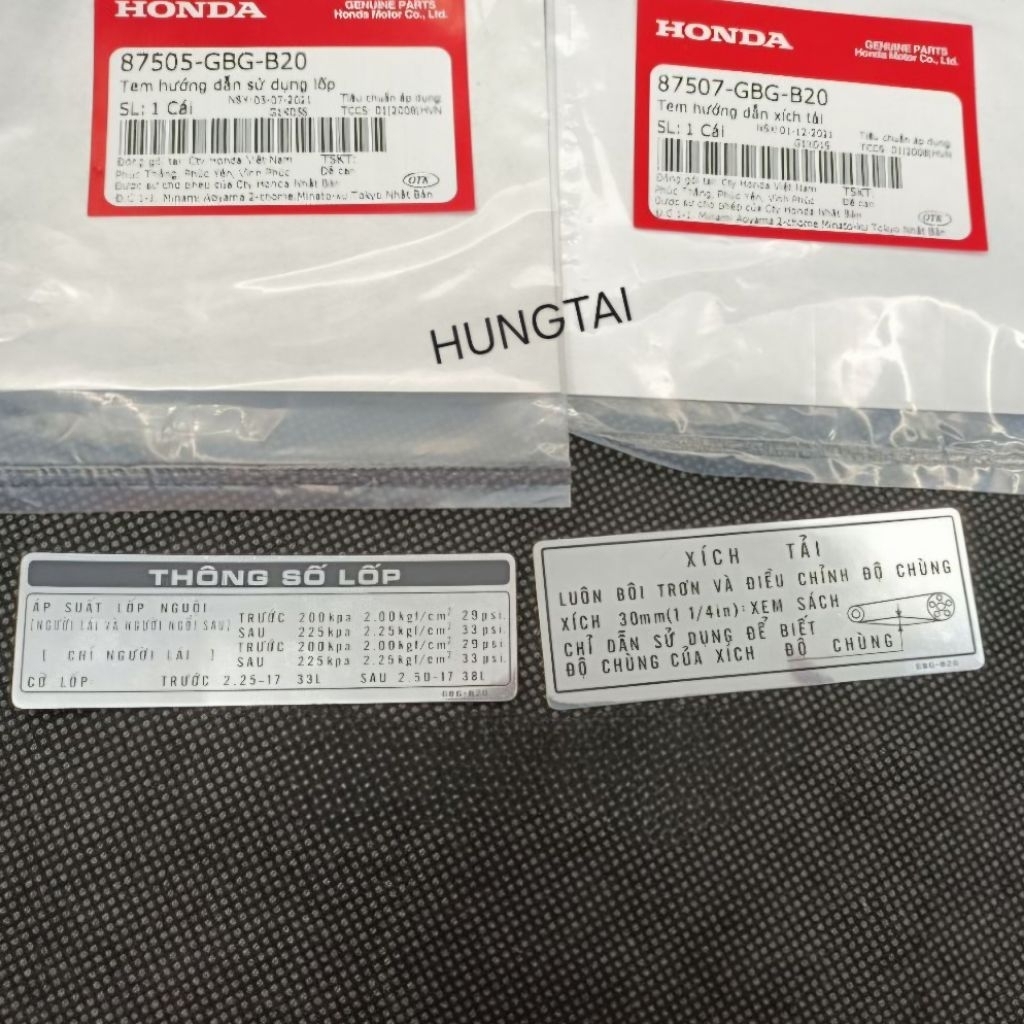 2 tem thông số hộp xích, sên cacter Super DREAM Việt zin 87505-GBG-B20, 57507-GBG-B20