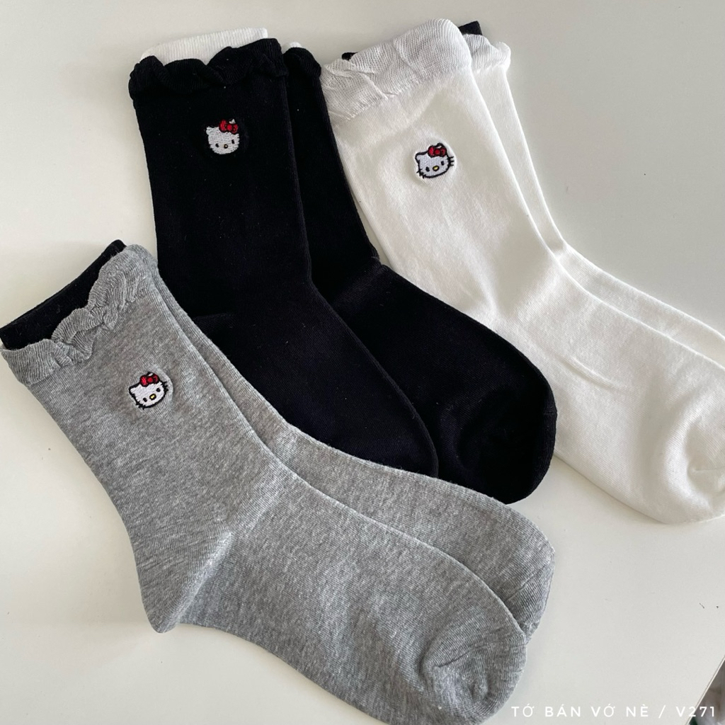 Tất vớ nữ cổ cao viền bèo thêu hello kitty [size chân 35-39]