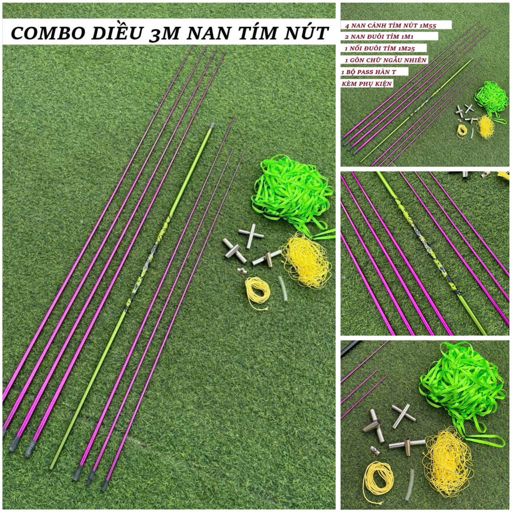 Combo lên diều 3m nan tím nút gốc dày dáng đuôi cá kèm full phụ kiện để làm diều