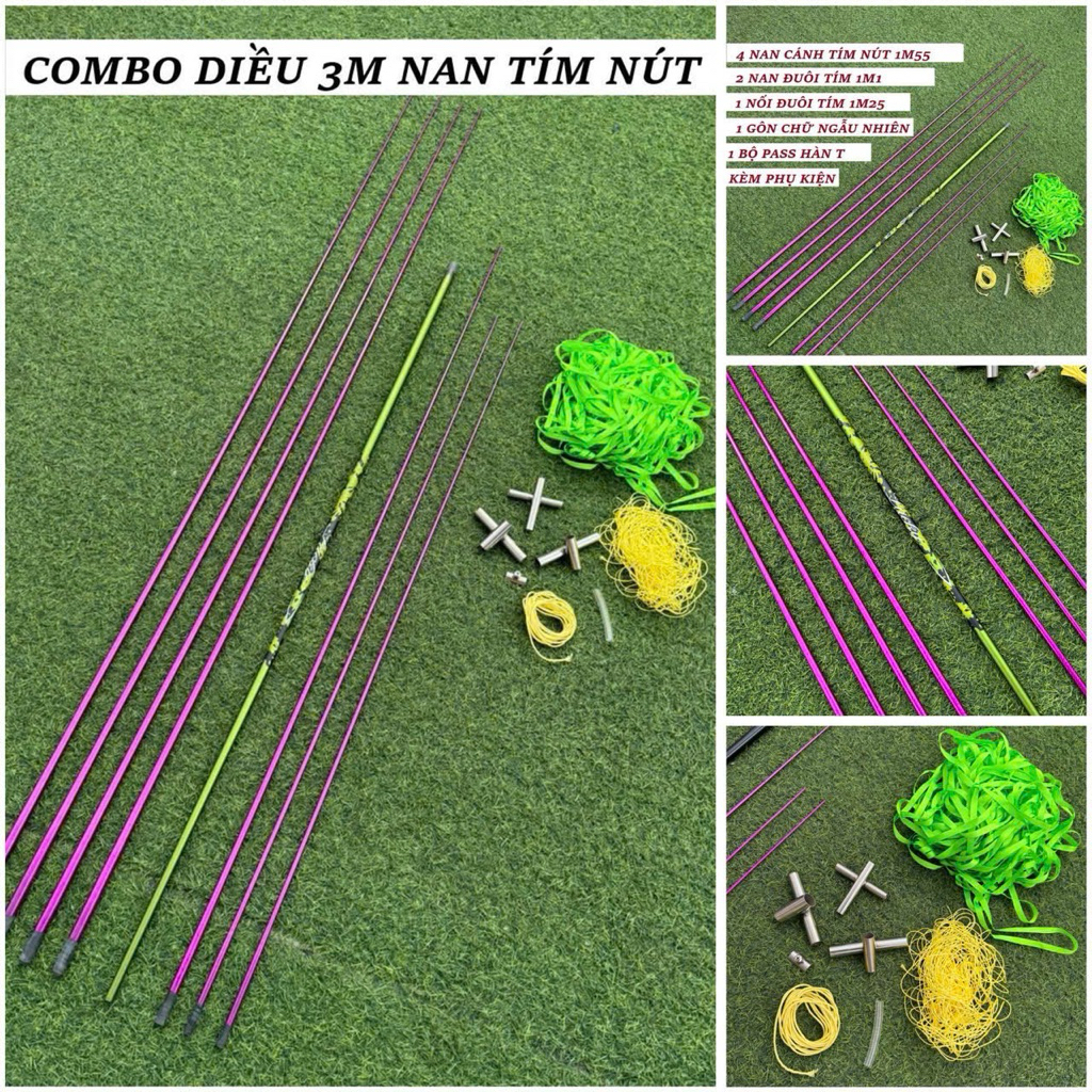 Combo lên diều 3m nan tím nút Vip gốc dày dáng đuôi cá kèm full phụ kiện làm diều