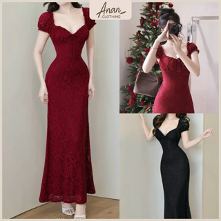 Đầm Midi Ren Ôm Body Dáng Dài Tay Phồng Cổ Tim Váy Dài Tôn Dáng Dự Tiệc Tết - Ananclothing 