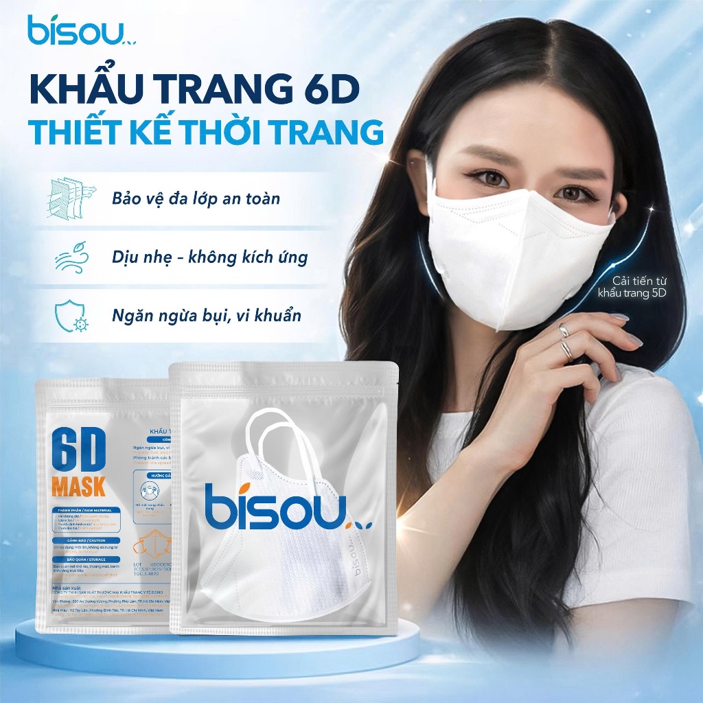 Túi 10 cái khẩu trang cao cấp 6D hiệu BISOU