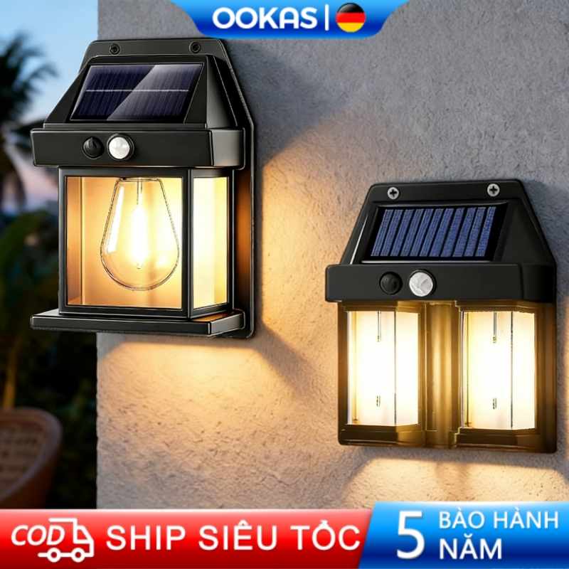 OOKAS Đèn LED cảm biến năng lượng mặt trời siêu sáng treo tường, đèn trang trí sân vườn chống nước