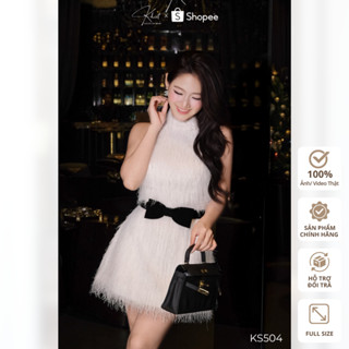  Set đầm lông vũ trắng Khiết Style phối nơ đen rời phong cách tiệc tùng sang chảnh KS504 