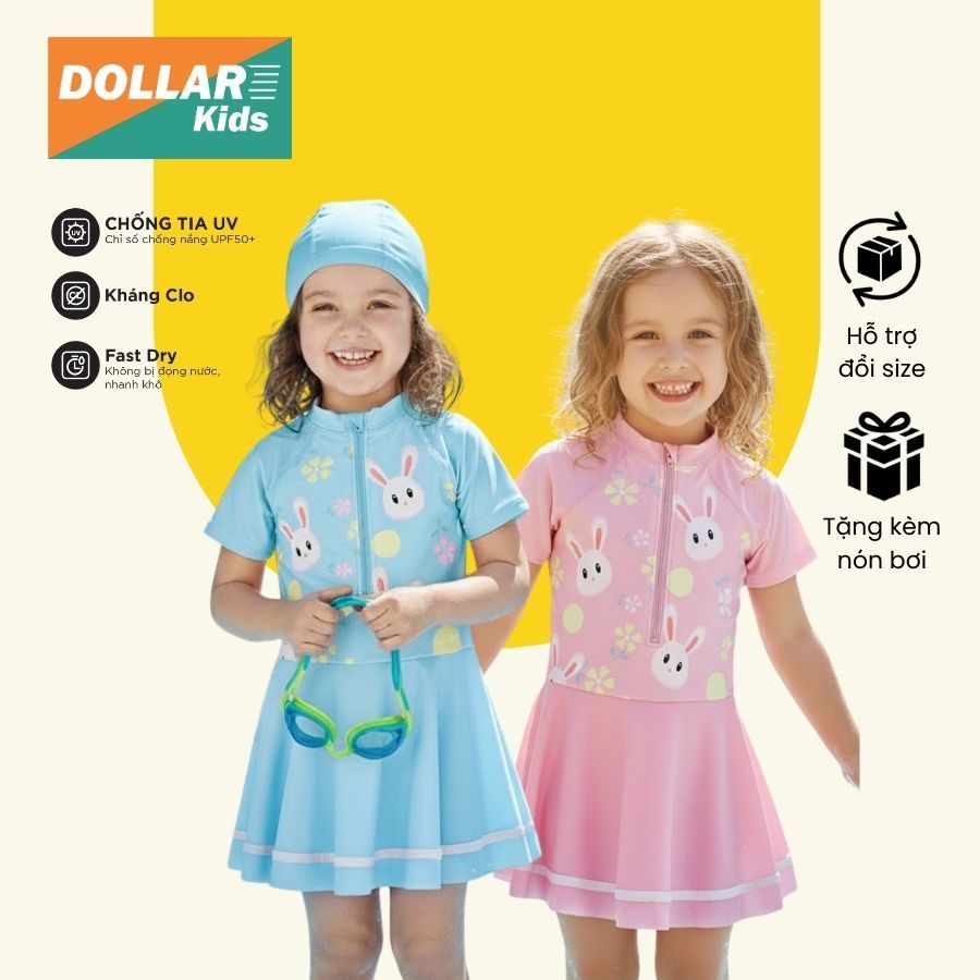 (Tặng Kèm Nón) Đồ Bơi Bé Gái Váy Liền Tay Ngắn Khóa Kéo Dollar Kids Họa Tiết Thỏ Cute, Kín Đáo, Chốn