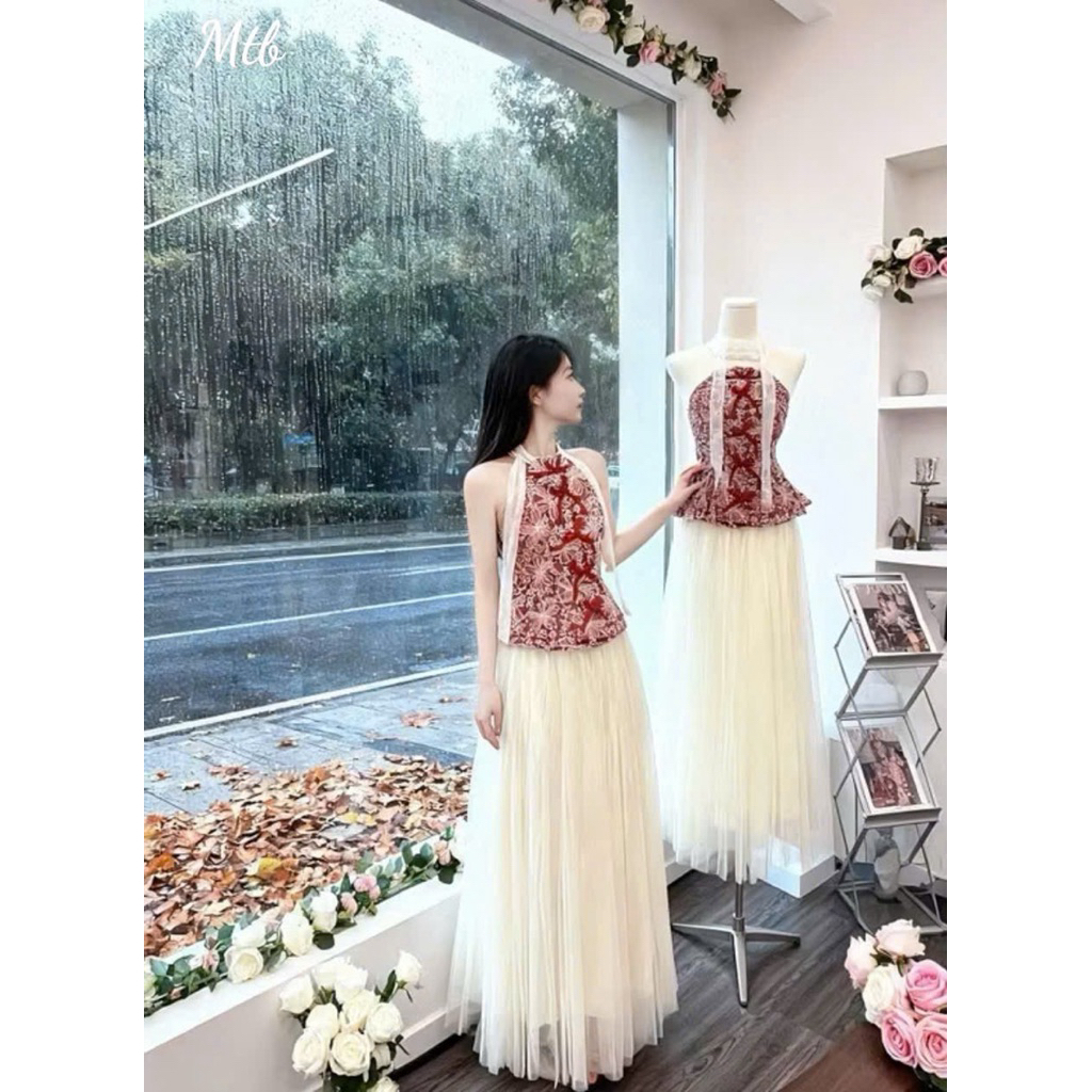 [F00] sét áo cổ yếm sang trọng kèm chân váy lưới dài dáng xuông xinhhh