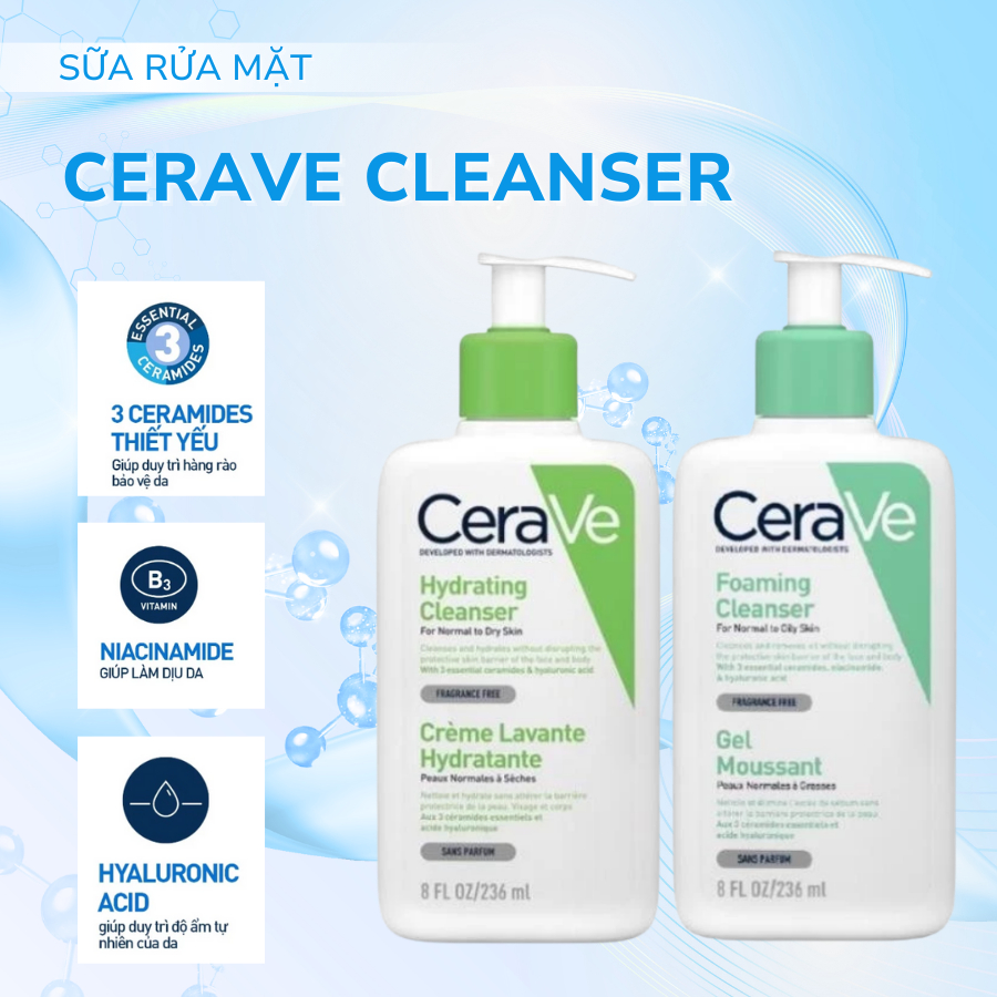 Sữa rửa mặt Cerave 236ml làm sạch sâu dưỡng ẩm cho da dầu mụn, da thường, da khô