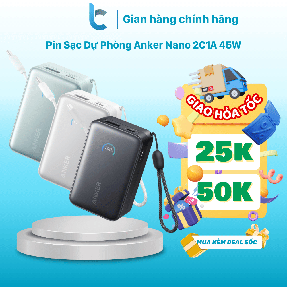 Pin Sạc Dự Phòng Anker Nano 2C1A 45W 10.000mAh Sẵn cáp rút USB-C A1638