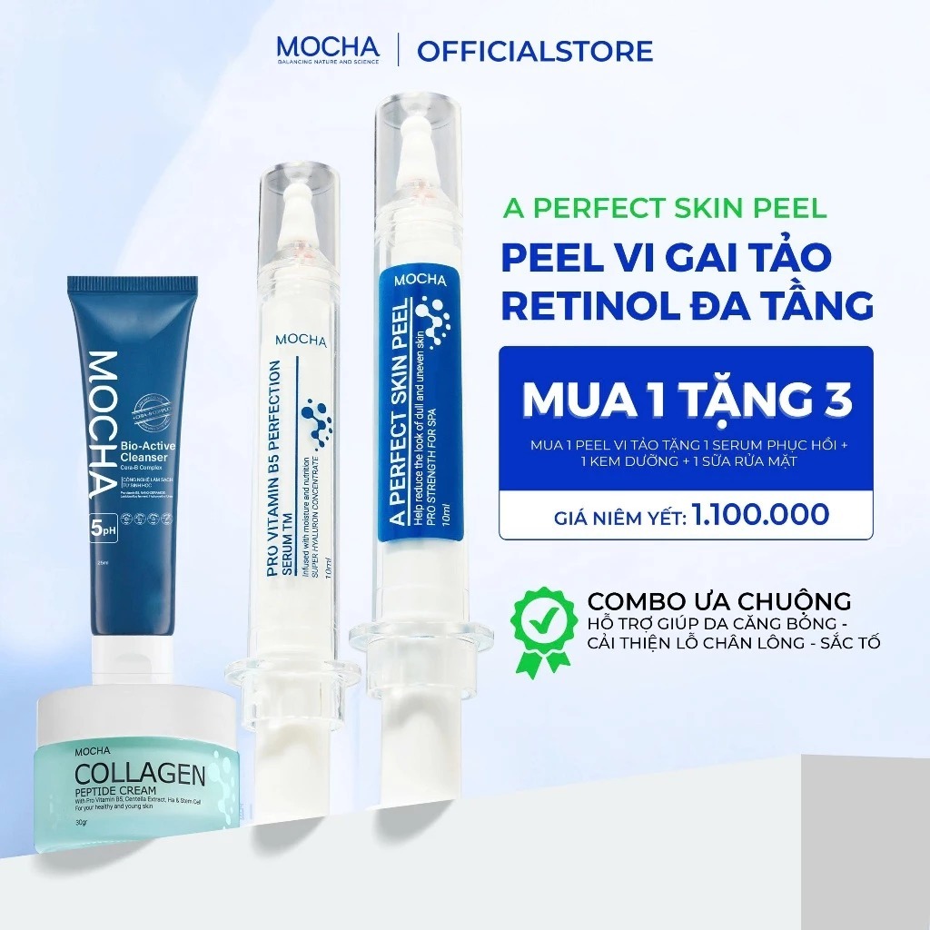 Peel siêu vi tảo mix Retinol MOCHA Siêu vi tảo peel da tại nhà giúp da căng bóng khỏe mạnh bộ 4 món