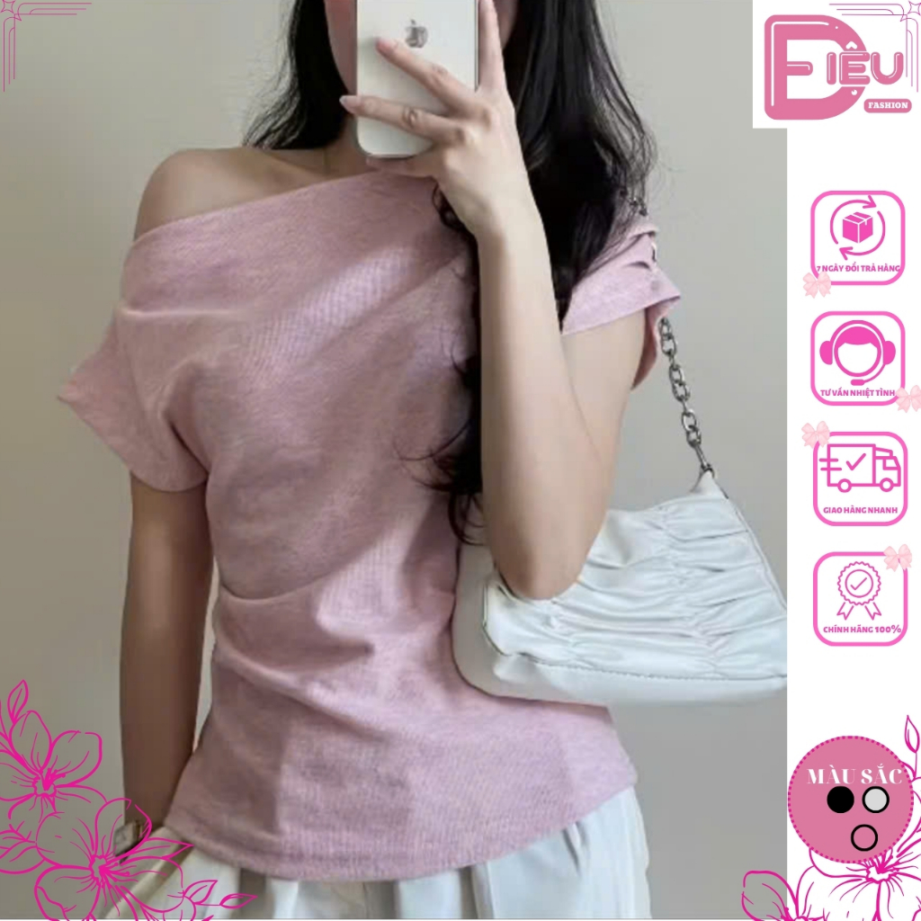 Áo Thun Lệch Vai Xếp Ly, Áo Kiểu  Sườn Nhún Eo Điệu Đà, Áo Phông Form Vừa Chất Vải Co Dãn Mềm Mịn DI