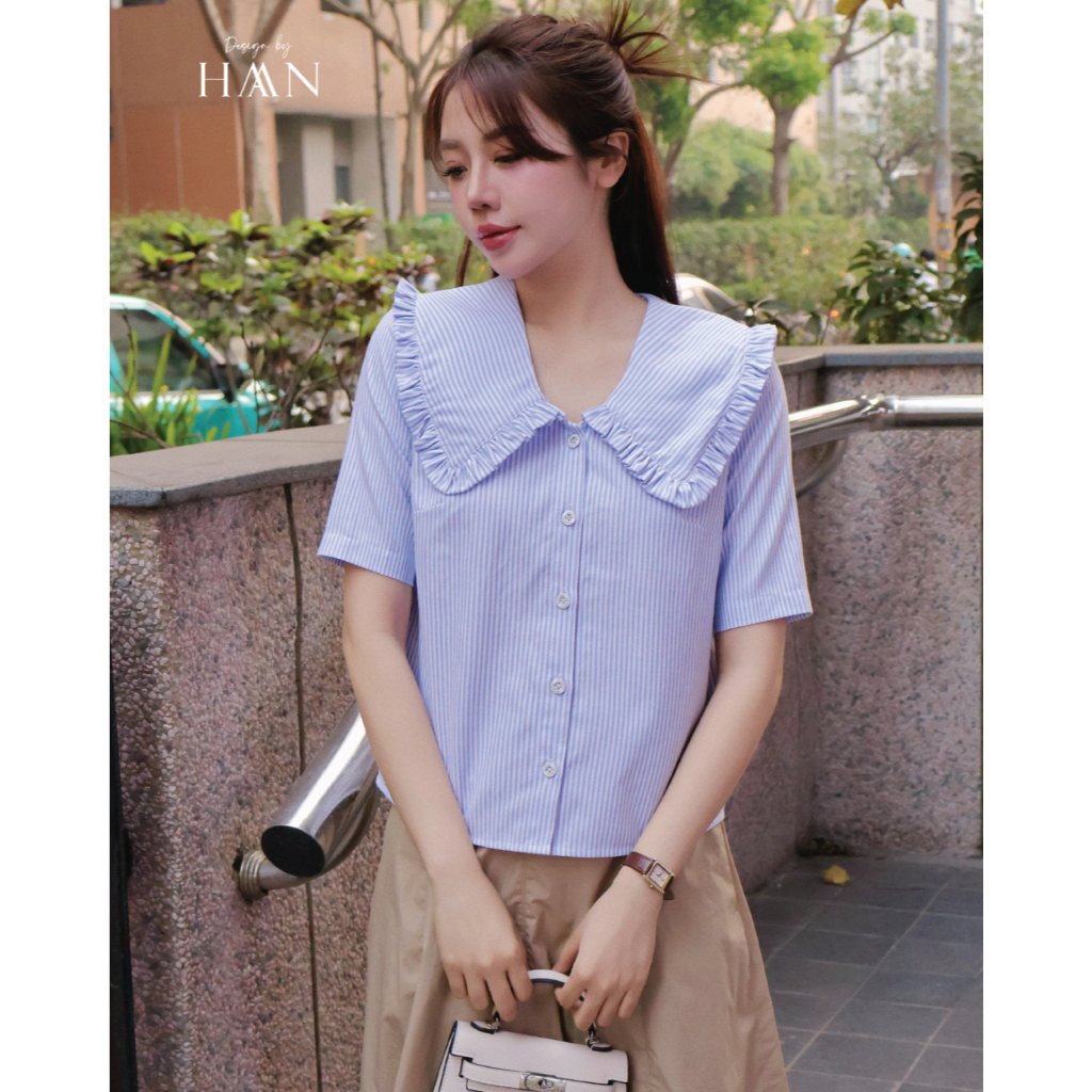 Áo Sơ Mi Nữ Ngắn Tay Kẻ Xanh, Thiết Kế Cổ Vạt Bèo Dịu Dàng Thanh Lịch HAAN Design SM352