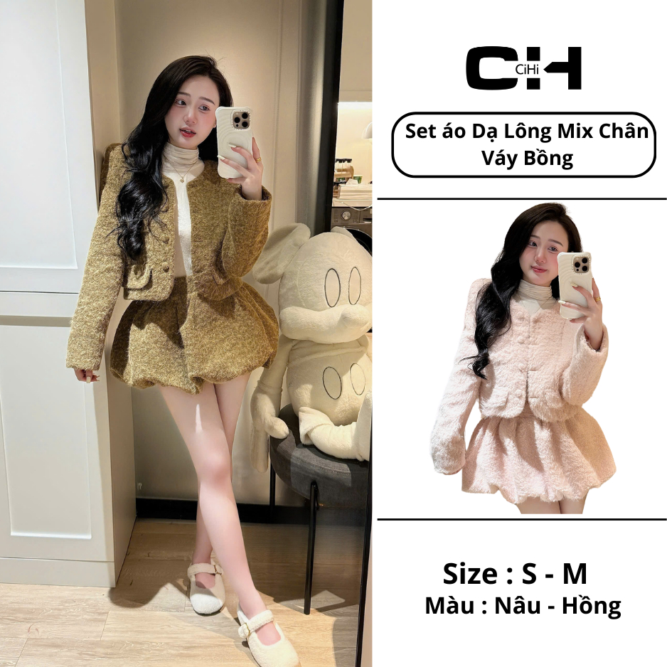 CiHivn - Set Áo Dạ Tweed Nữ Cúc Bọc– Áo Khoác Dạ Tay Dài + Chân Váy Bồng Xòe, Phong Cách Hàn Quốc, S