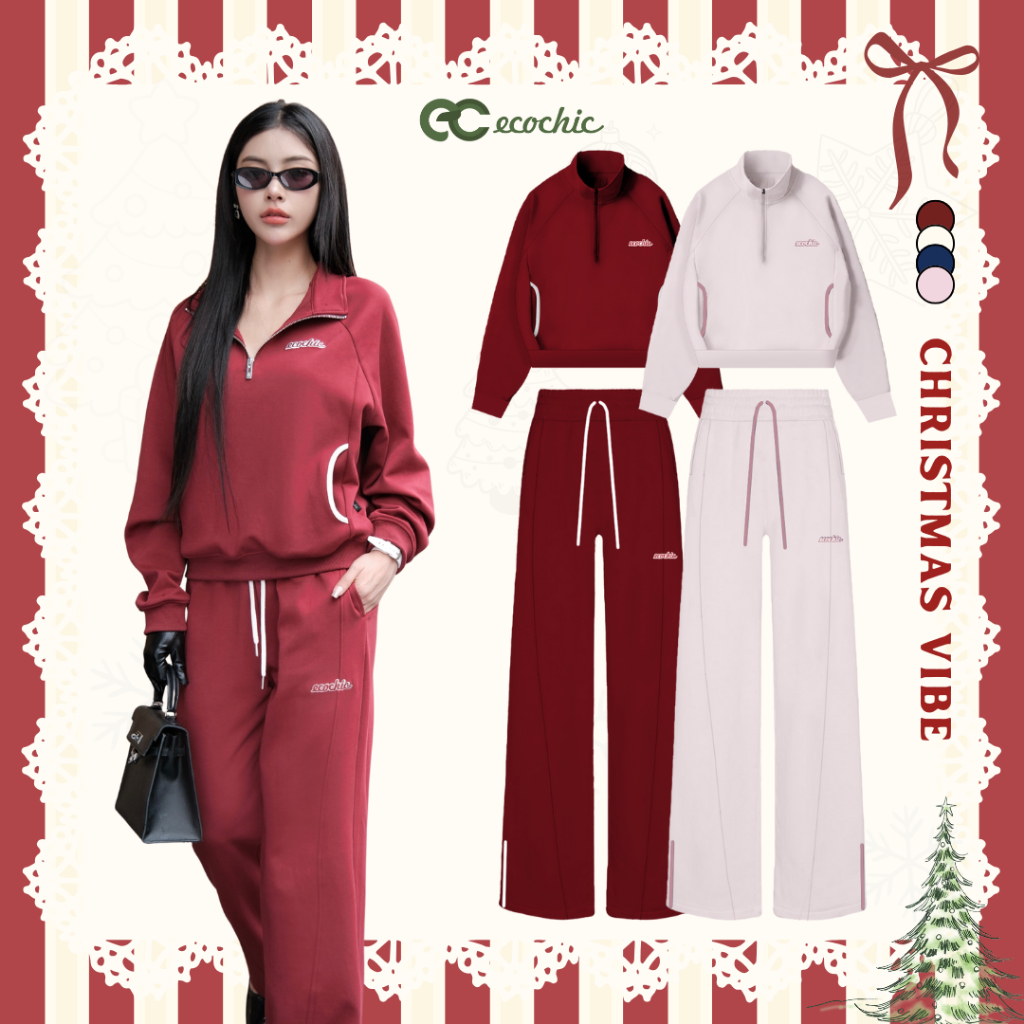 Set Bộ Nỉ Mịn ECOCHIC FORMLINE SET Khoá Áo Halfzip Quần Ống Suông Phối Viền Cao Cấp Chính Hãng HNH B