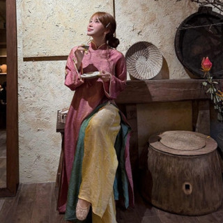  LIPU- SET ÁO DÀI HỒNG XANH 4 TÀ GẤM MIX QUẦN SUÔNG VÀNG CAO CẤP MIEU 