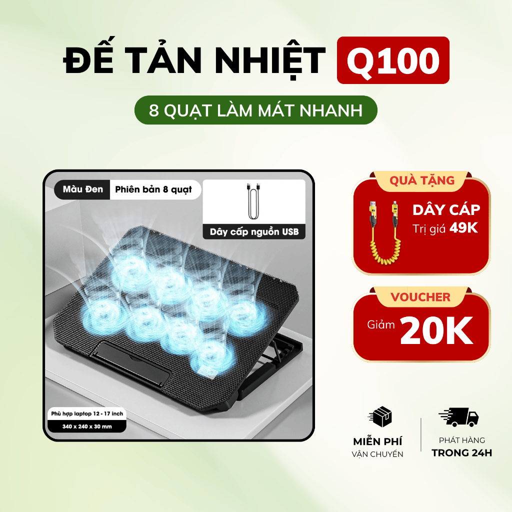 Giá Đỡ Laptop Tản Nhiệt Q100 Tích Hợp 2 Quạt Làm Mát, Điều Chỉnh 4 Cấp Độ Cao, Dùng Cho Laptop 12–17
