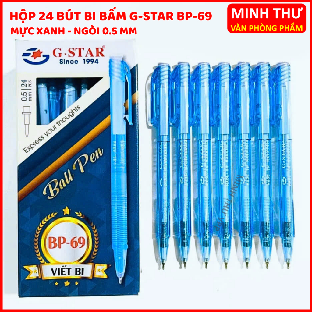 Hộp 24 Bút Bi Bấm Gstar BP69 Ngòi 0.5mm Mực Xanh / Mực Đỏ Mực Đậm Màu Chuẩn Không Tắc Mực, Bút Bi Vi