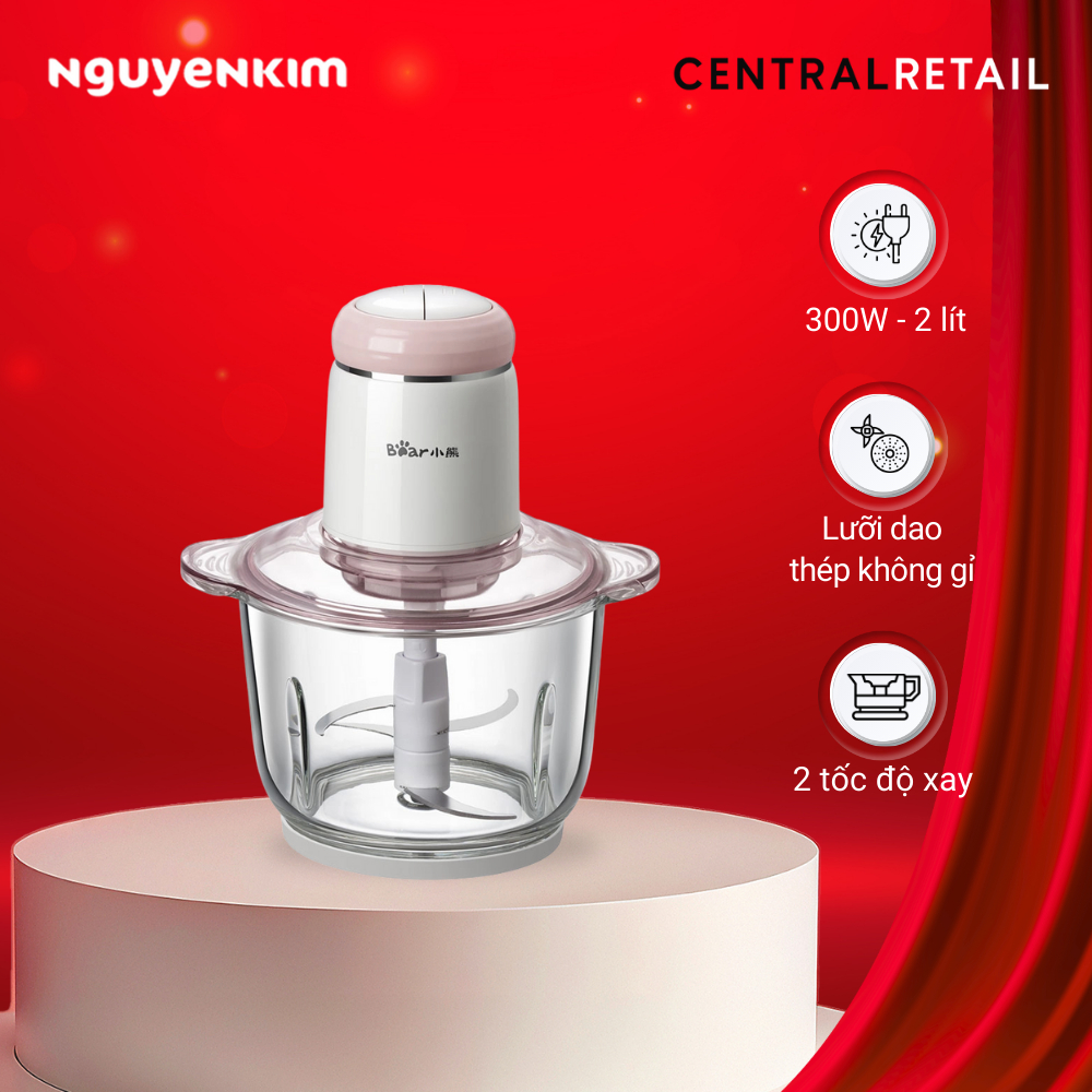 Máy xay thực phẩm đa năng Bear QSJ-B03K2, 2L, màu hồng, dung tích lớn, an toàn và tiện lợi