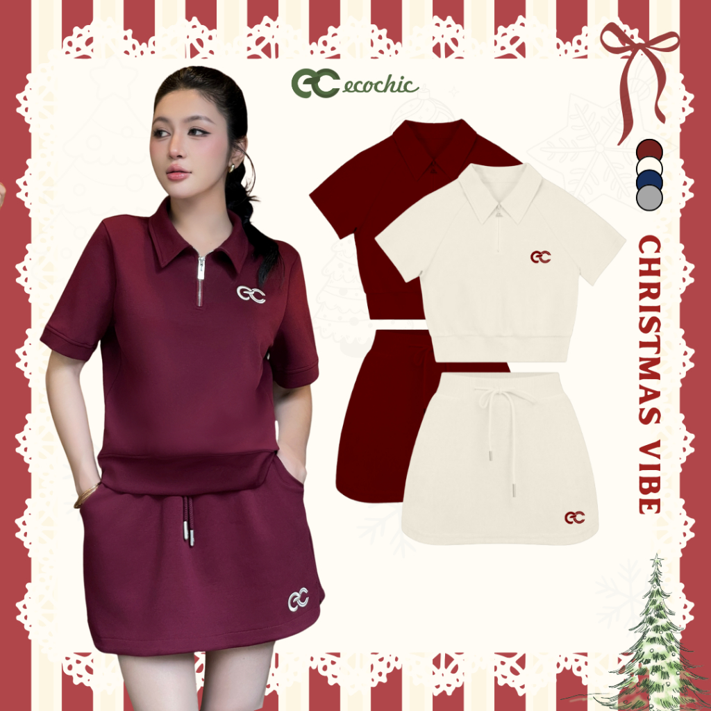 Set Bộ Váy ECOCHIC x HÒA MINZY DREAM FIT Áo Crop Polo Halfzip Phối Chân Váy Chất Liệu Cao Cấp Mềm Mị