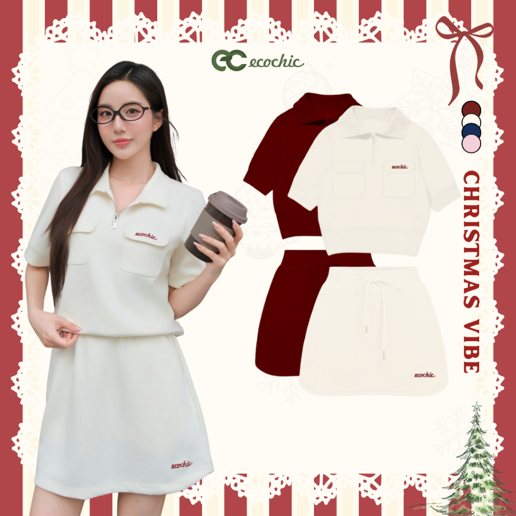 Set Bộ Váy ECOCHIC x HÒA MINZY CANDY CLOUD Áo Crop Polo Halfzip Phối Chân Váy Chất Liệu Cao Cấp Mềm Mịn Chính Hãng B168