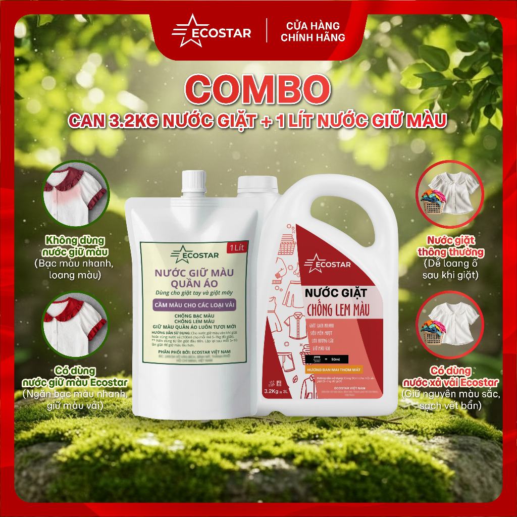 Combo 1 Can: Nước giặt chống lem màu Ecostar 3,2kg,  Nước giữ màu Ecostar 1L , Giặt sạch, Giữ màu qu