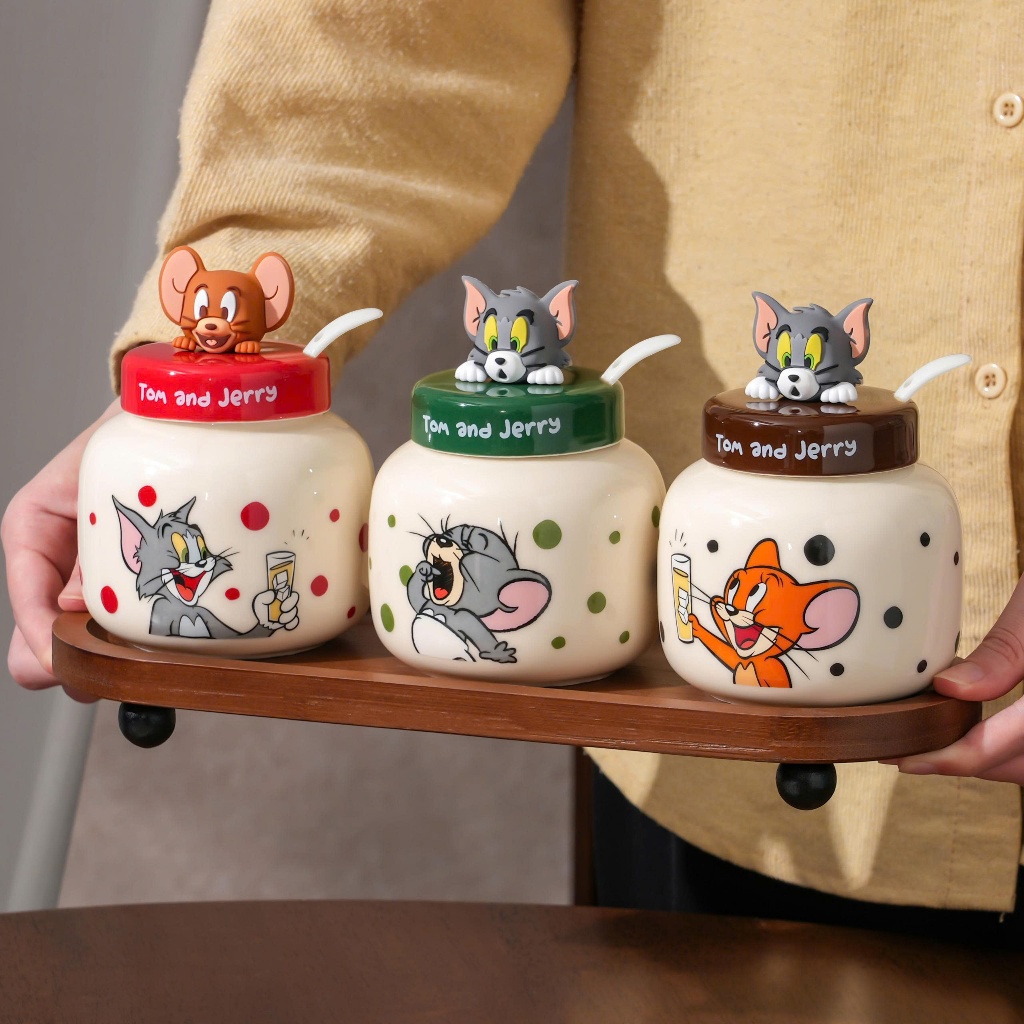 Set 3 hủ đựng gia vị , hủ đựng gia vị , hủ mỡ Shincrayon , Tom and Jerry bằng sứ - Gốm sứ SH
