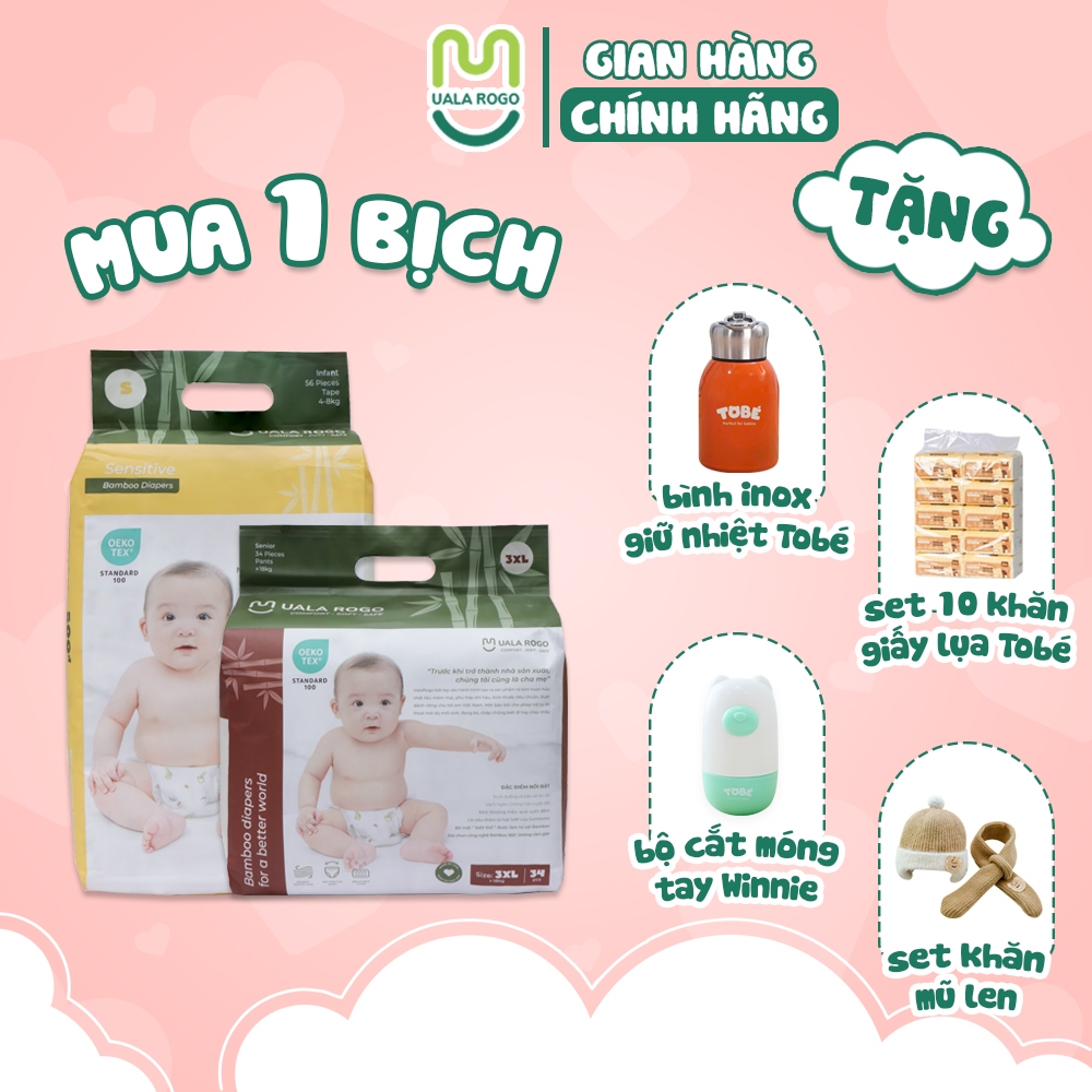 (Combo quà) Tã/bỉm UalaRogo sợi tre mềm mại, chống tràn, siêu thấm hút đủ size cho bé 4-30KG