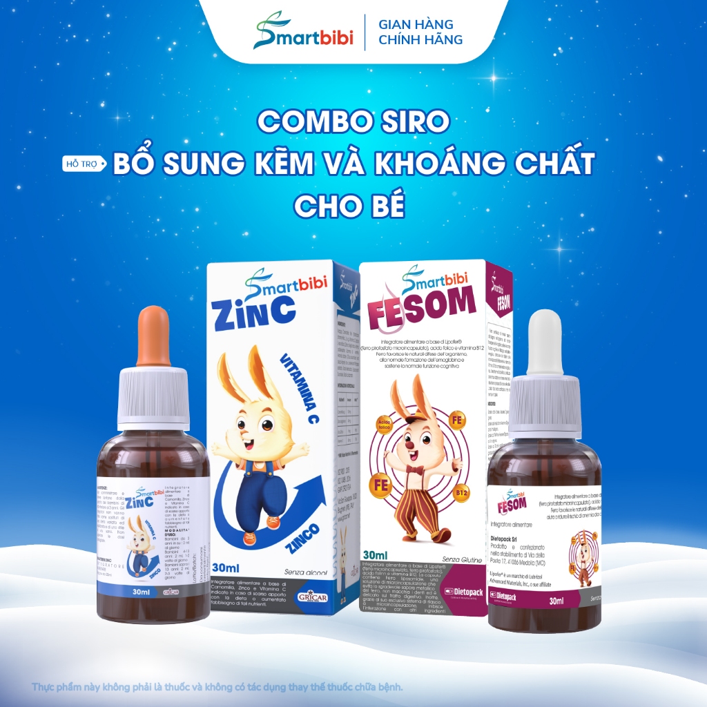 Combo siro bổ sung kẽm và khoáng chất cho bé Smartbibi Zin C + Smartbibi Fesom hỗ trợ bé bổ sung kẽm