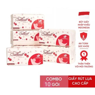Combo 10 gói) Khăn giấy ăn rút lụa cao cấp Silkwell 280 tờ 2 lớp Cherry đỏ mềm mịn