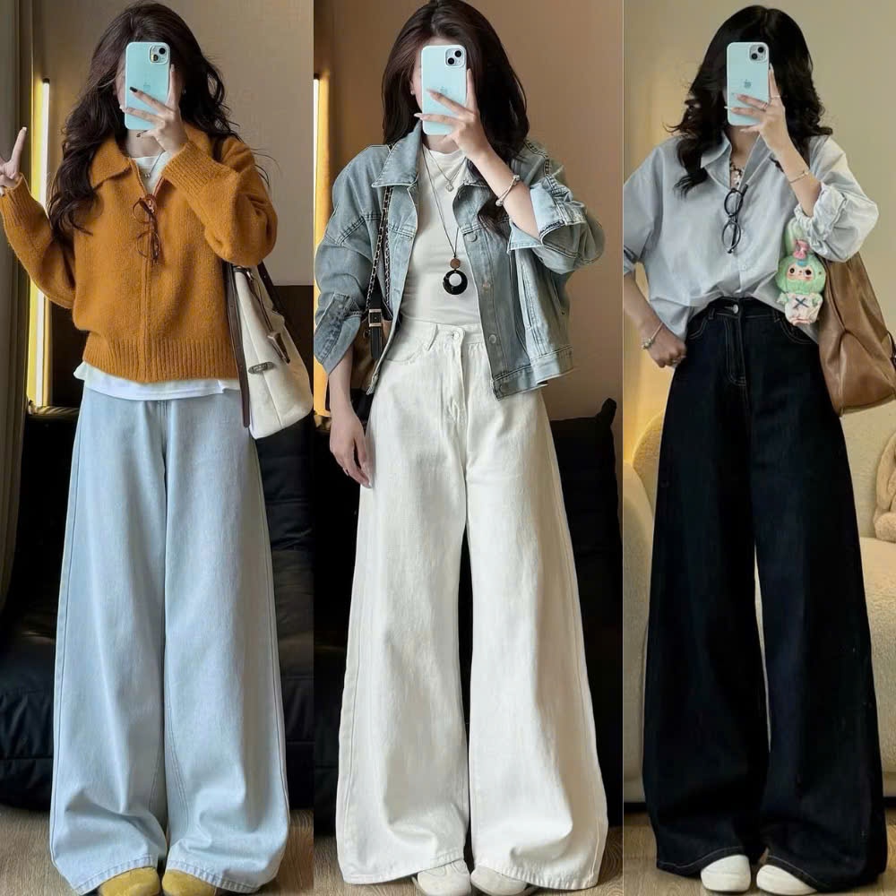 Quần Jean Trắng ống Suông Rộng 30-33cm Cạp cao tôn dáng, Quần bò Trắng ống rộng đủ size Chất Jean phong cách