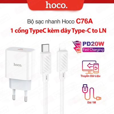 Bộ Sạc Nhanh Siêu Tốc Hoco C76A plus Typec to IP PD20W 3.0A dùng cho 11/12/13/14promax (CHÂN TRÒN)