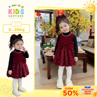   A160 - BST TẾT 2026  Váy Tết cho bé gái váy nhung đỏ phối ren hoa hồng 3D cổ ngọc kèm nơ lớn xòe bồng sang trọng 