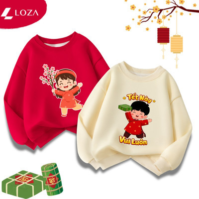 Áo sweater bé trai, bé gái in Tết này vui luôn  - Áo nỉ trẻ em size từ 18-42kg  Loza Kids IN024