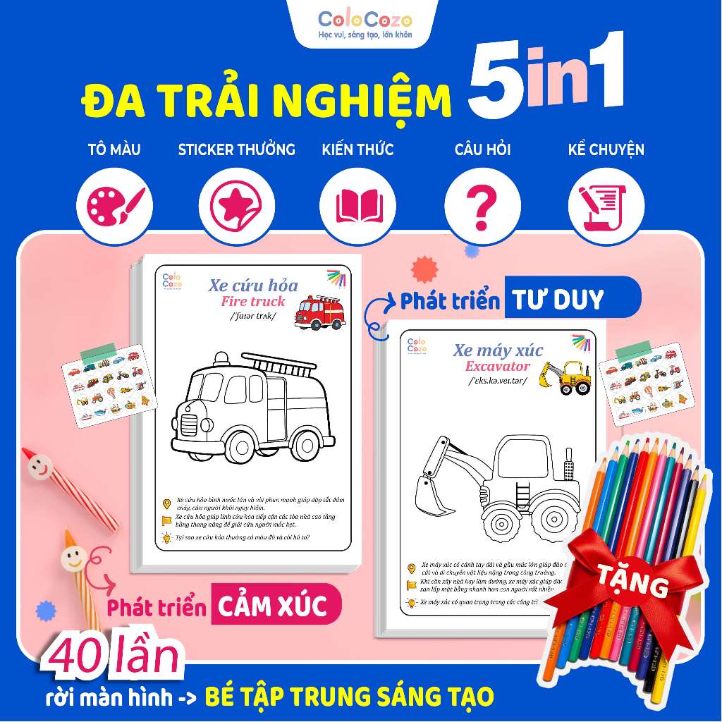 Bộ 20 Tranh Tô Màu Bé Trai Chủ Đề Phương Tiện Giao Thông + Sticker, Đồ Chơi Giáo Dục Phát Triển Cảm Xúc Cho Bé TMptgt