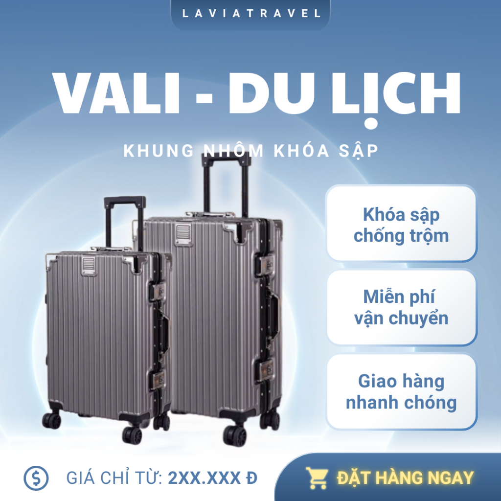 Vali Du Lịch Khung Nhôm Khóa Sập Cao Cấp KNKS002 – Khóa Sập Chắc Chắn – Size 20/24/28 – Chống Trầy, Chống Va Đập