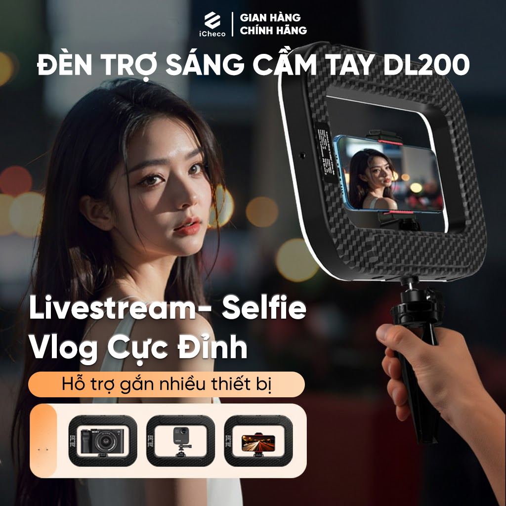 Đèn trợ sáng Ring Light cầm tay DL200 ICHECO – quay video, livestream, selfie ngoài trời chuẩn studi