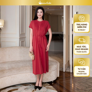  SWANLAKE | Váy Đầm Nữ Midi Suông Cổ Trụ Cài Nút Xếp Ly Vải Linen Dây Thắt Eo Xẻ Tà Công Sở D12752 