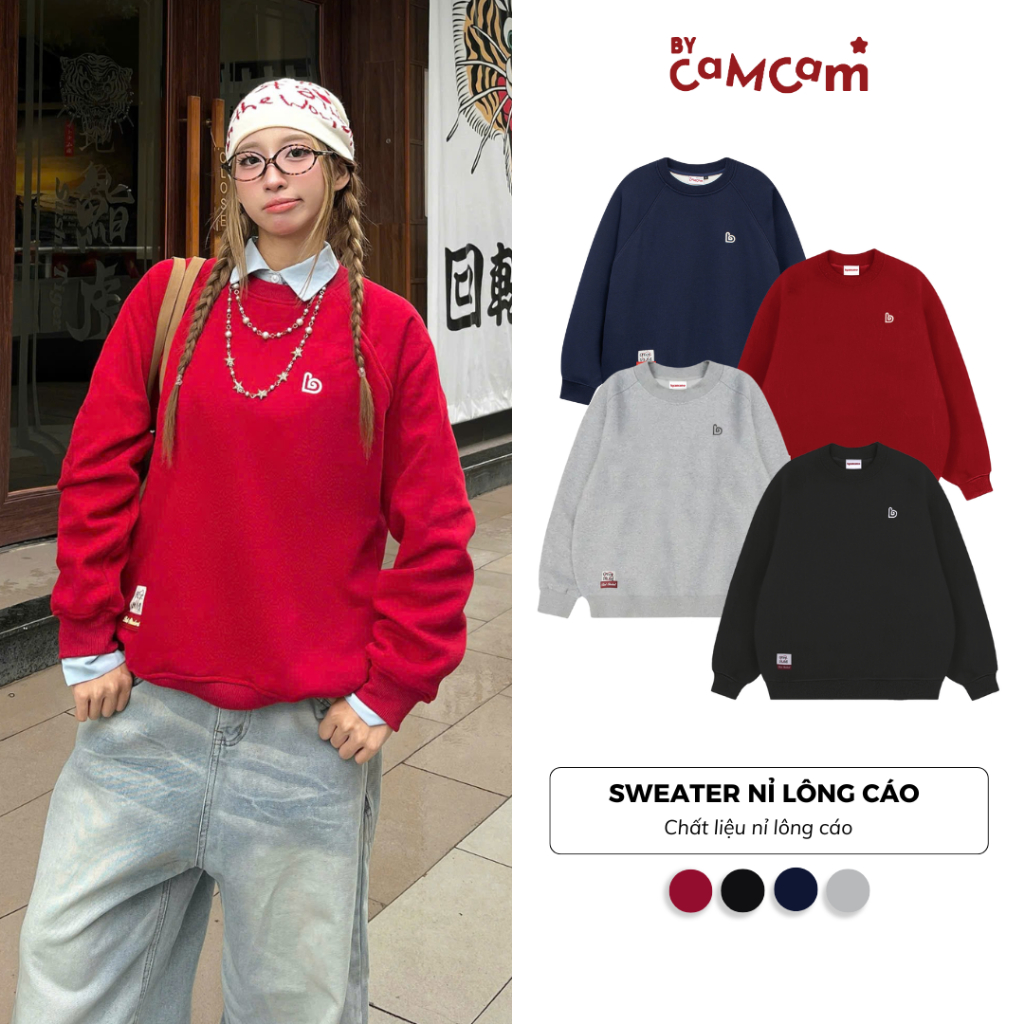 Áo Sweater Nỉ Lông Cáo Basic 𝑩𝒚𝒄𝒂𝒎𝒄𝒂𝒎 Mềm Mịn Dày Dặn Logo Mini Nam Nữ ASWD062